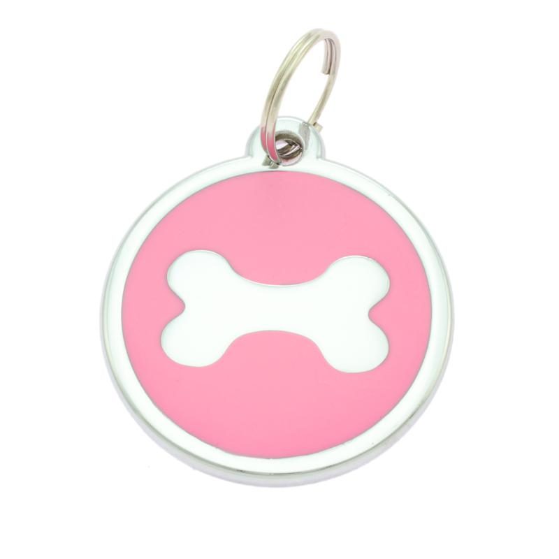 Besufy Pet Dog Tag Bone Shape Dog Tag Metal Ring Engraved ID Name Collar Pendant Nameplate, Pink
